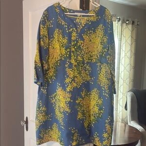Boden Blue and Yellow Casual Dress with 3/4 Sleeves, Side Zipper